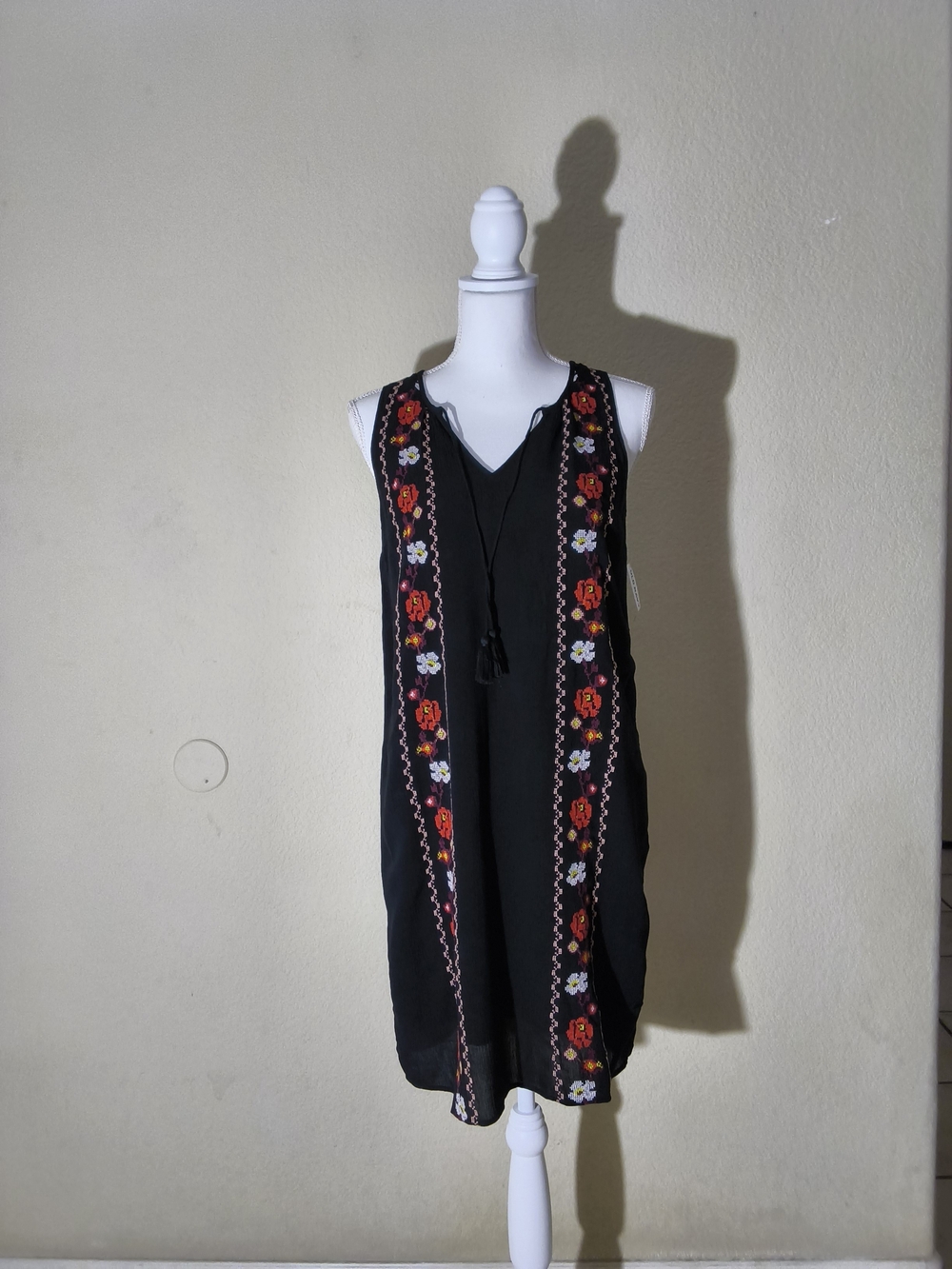 Old Navy Black Sleeveless Mini Dress with Red & White Floral Embroidery